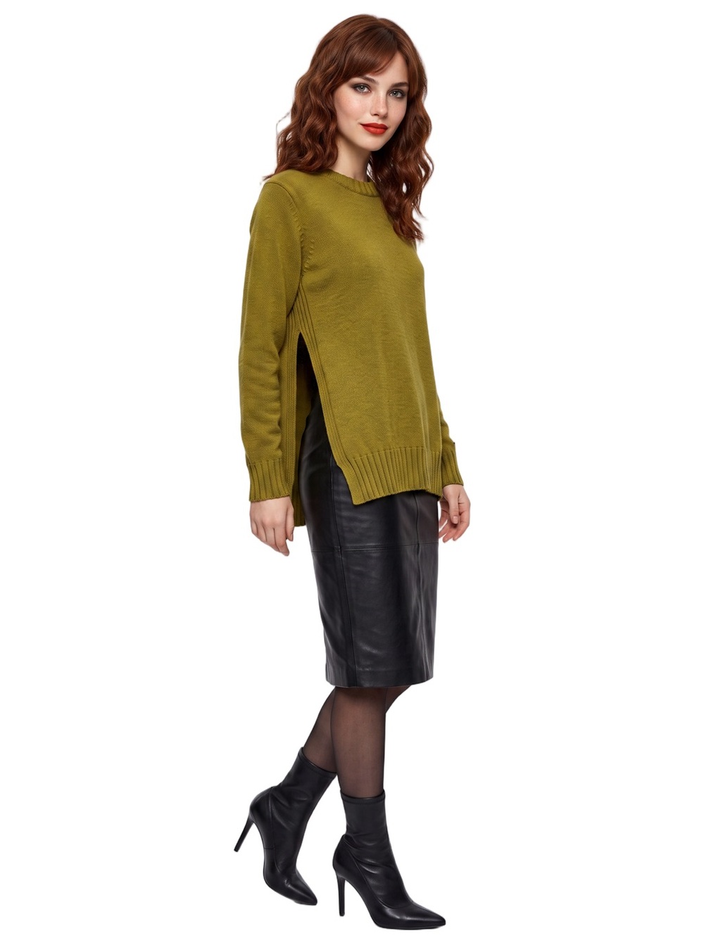 VANILLA CHOCOLATE Green Crewneck Longsleeve Sweater Long Side slits Ribbed cuffs